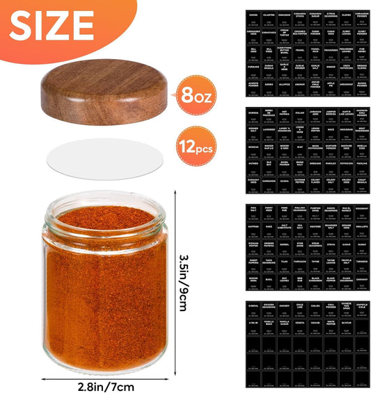 Yangbaga 12Pcs Glass Spice Jars with Labels-8oz Acacia Wood Lid Square Spice Containers,Seasoning Jars for Rack Cabinet Drawer,KitchenPantry Daily Use