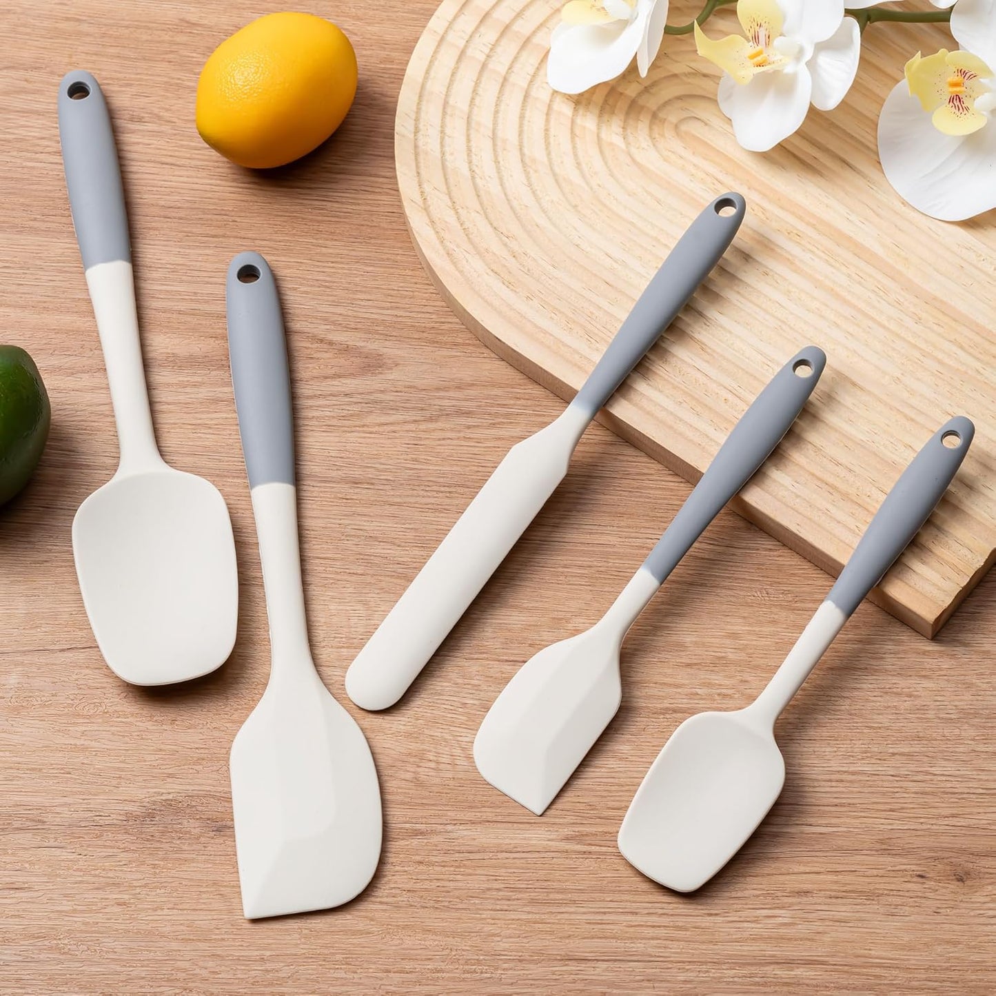 Silicone Spatula Set, 5 Piece Food Grade Rubber Spatulas for Baking, Cooking, and Mixing High Heat Resistant Non Stick Dishwasher Safe BPA-Free (Gray+White)