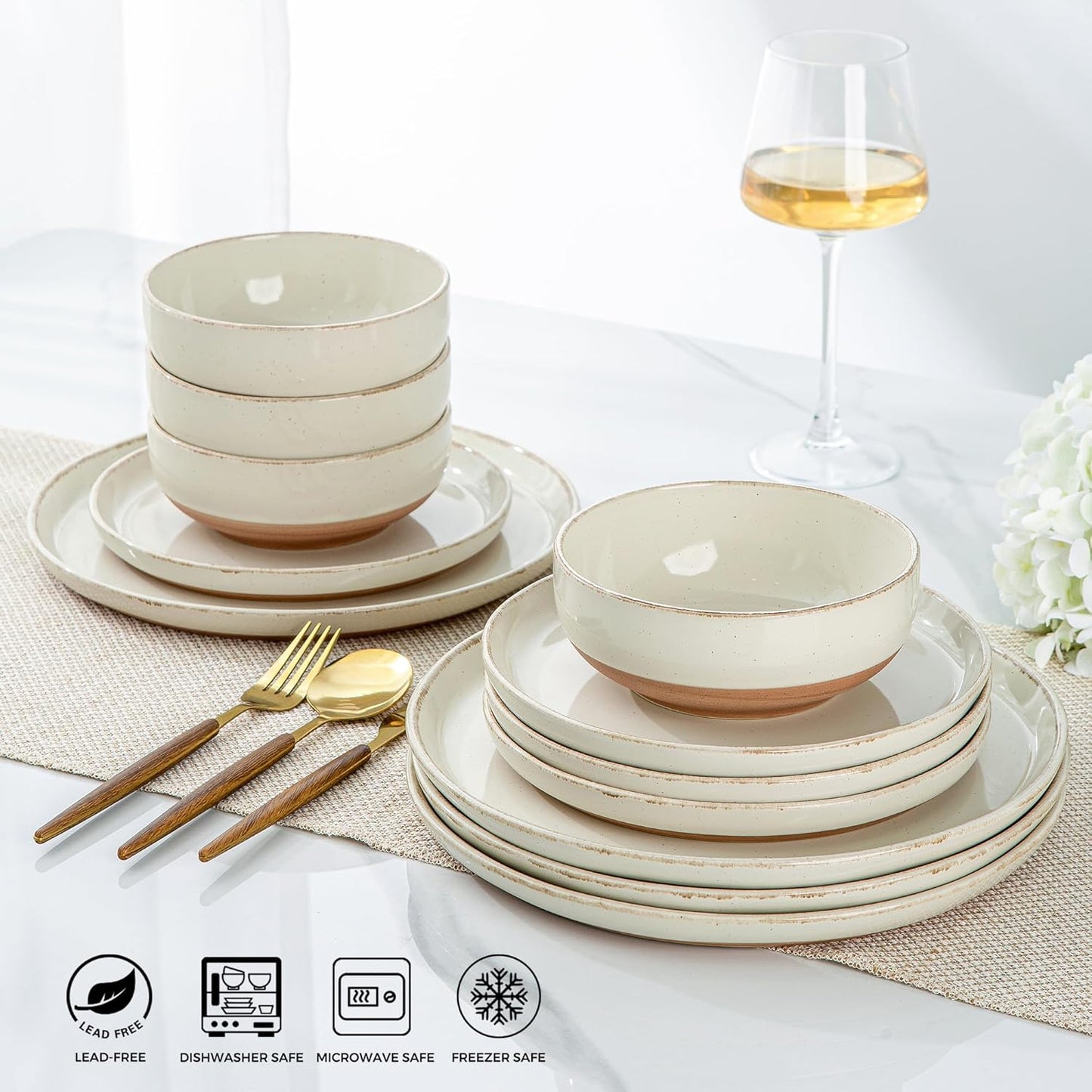 AmorArc Ceramic Dinnerware Sets with Pasta Bowls for 6, Handpainted Plates and Bowls Set with Rustic Terracotta Underside, Scratch Resistant Dishes Set, Dishwasher & Microwave Safe, 24 Pcs