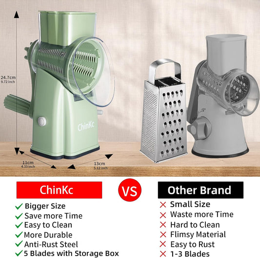 Rotary Cheese Grater Shredder - Upgraded 5 in 1 Cheese Grater with Handle and Strong Suction Base, Multi-purpose Julienne Slicer Ice Shaver Nuts Grinder for Ice, Vegetables, Fruit, Nuts