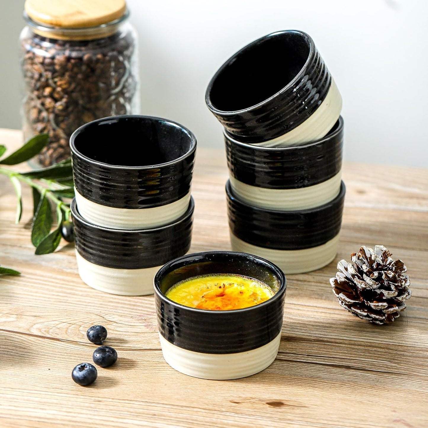 Ramekins 8 OZ Oven Safe,Set of 6 Ceramic Creme Brulee Ramekins,Mini Dessert Bowls for Souffle,Dipping Sauce,Ice Cream,Pudding and Charcuterie,Microwave & Oven Safe,Patchwork Black