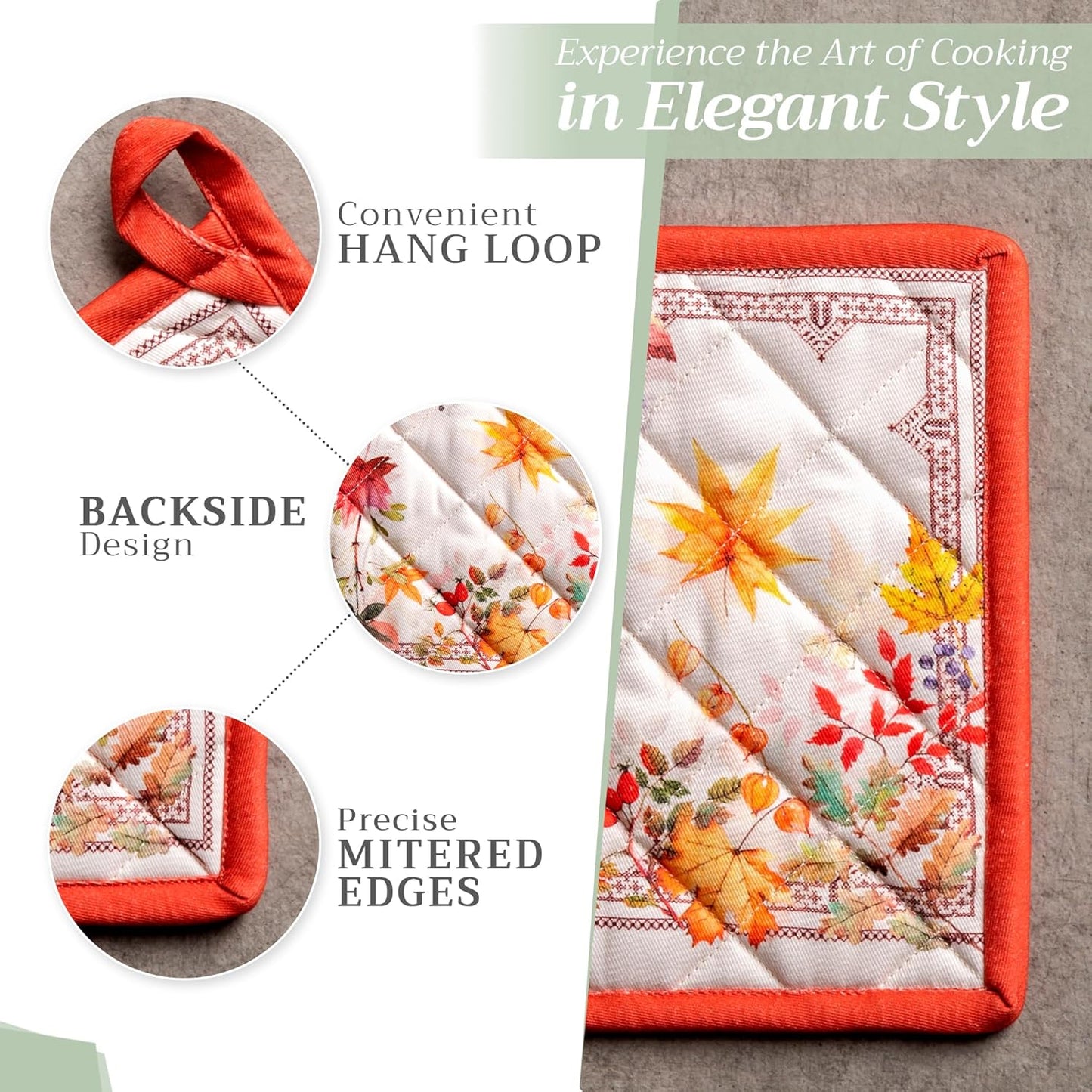 Maison d' Hermine 100% Cotton Oven Mitt & Pot Holder Set (7.5"x13" & 8"x8") Heat Resistant BBQ Cooking Gloves with Loop for Thanksgiving Christmas Decorations Handling Hot Pans (Amarante)