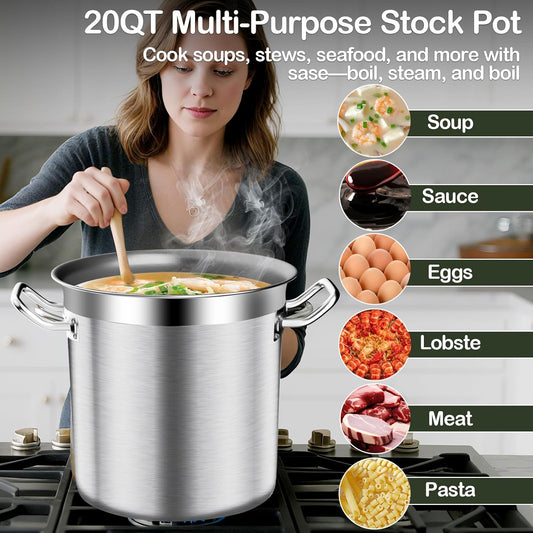 Stainless Steel Stock Pot,20QT Large Stock Pot with Lid for Boiling Cooking Soup Stew Canning, Heavy Duty Tri-Ply Bottom for Boiling Cooking Soup Stew Canning Cooking Pots, Cookware Sauce Pots