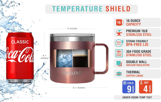 CHILLOUT LIFE Stainless Steel 16 oz - Vacuum Insulated Coffee Mug with Handle and Lid, Large Thermal Camping Coffee Mug Cup with Durable Sliding Lid for Women - Rose Gold