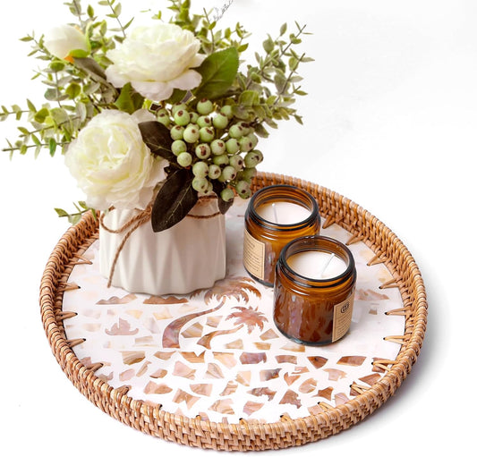 Round Rattan Tray with Mother of Pearl Inlay & Wooden Base - Decorative Wicker Serving Tray for Coffee/Bread/Fruits, Food Storage & Display - Multipurpose Home Decor (M,Island)