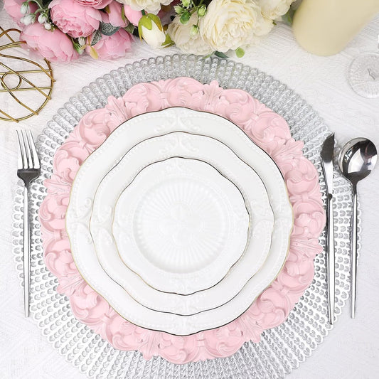 13" Pink Charger Plates, Set of 6 Plastic Textured Chargers for Dinner Plates with Embossed Rim, Table Décor, Party, Wedding, Holiday