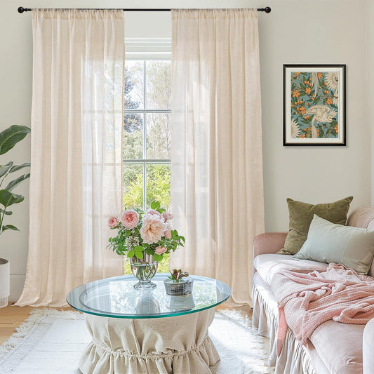 BGment Natural Linen Curtains 96 Inches Long for Living Room - Burlap Semi Sheer Window Drapes with Rod Pocket Light Filtering for Farmhouse Bedroom Lightweight, 2 Panels, 52 Inch Wide Each Panel