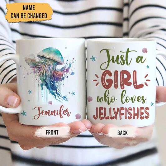 Hyturtle Personalized Gifts Jellyfish Lover - Just A Girl Who Loves Jellyfishes Custom Name Ceramic Coffee Mug Cup 11oz - Idea Cute Sea Animal Lover Gifts For Women, Girl On Birthday, Christmas