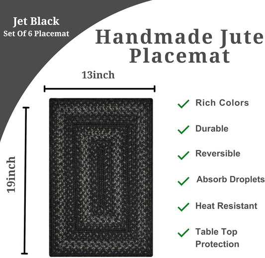 Homespice Jet Black Dining Placemats, Warm Primitive Decor, Set of 6-13x19 Rectangle Table Mats - Vibrant Colors, Durable, Easy to Clean and Protects Furniture