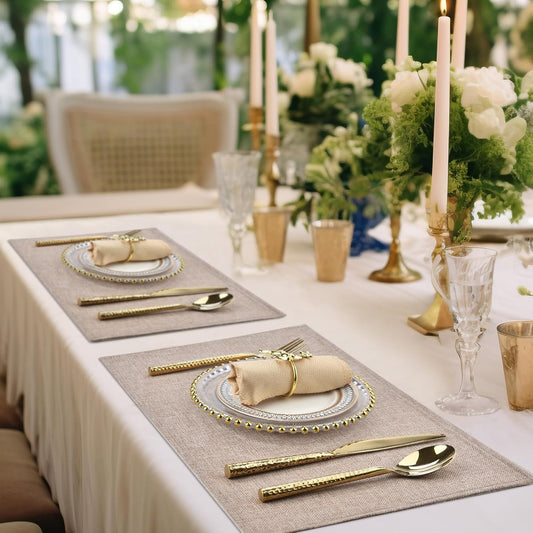 SLKQG Linen-Look Fabric Placemats Set of 4, Heat Resistant & Machine Washable Double-Layered Cloth Placemats for Dining Table, Indoor/Outdoor Use, Non-Slip Kitchen Table Mats (4, Natural Linen)