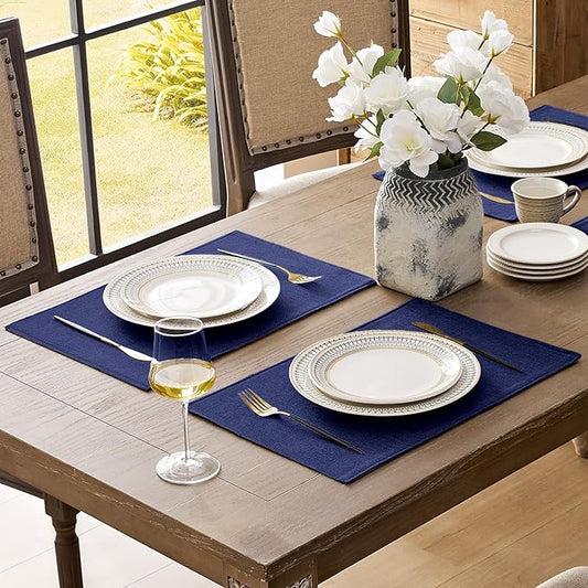 Romanstile Cloth Placemats Set of 8-12 x 18 Inch, Heat Resistant Double Layered Thickened Burlap Place Mats, Washable Faux Linen Farmhouse Table Mats for Kitchen/Dining/Party/Outdoor, Navy Blue