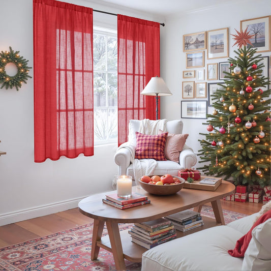 BGment Semi Sheer Red Curtains 48 Inch Length for Kitchen Windows, Short Linen Drapes Rustic with Rod Pocket for Small Bedroom Living Room Office Decor Lightweight, 2 Panels Set, Each 42 Inch Wide