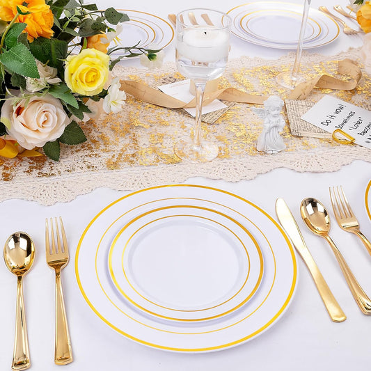 I00000 300 Pcs Gold Plastic Plates for 50 Guests.Disposable Dinnerware for Party,Plastic Dinnerware Set of 100 Plates,200 Gold Silverware Set(50 Spoons,50 Knives,100 Forks)