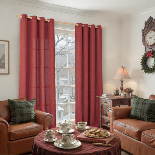 YoungsTex Red Linen Curtains 102 Inch Length for Living Room, Light Filtering Semi Sheer Window Drapes with Bronze Grommet Privacy for Christmas Decor Bedroom, 52 x 102 Inch, 2 Panels