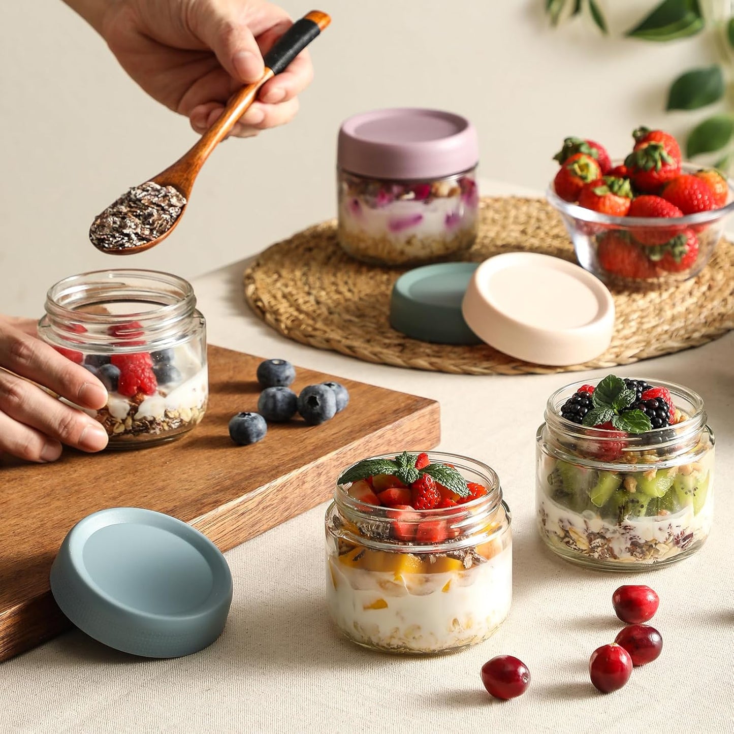 NETANY 6-pack 8oz Glass jars with Airtight Lids, Overnight Oats Containers with Lids, Wide mouth Mason Salad jars, Glass Food Storage Containers for Snacks Yogurt Spice Sugar