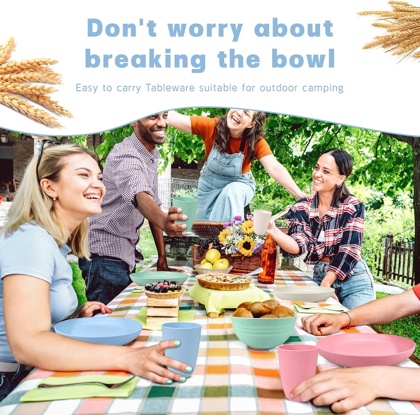 Kitchen Wheat Straw Dinnerware Sets (33pcs) Attached cleaning brush,Service For 8,Plastic Plates and Bowls Sets,Unbreakable Dinnerware,Lightweight Plastic Plate Set (Chroma)