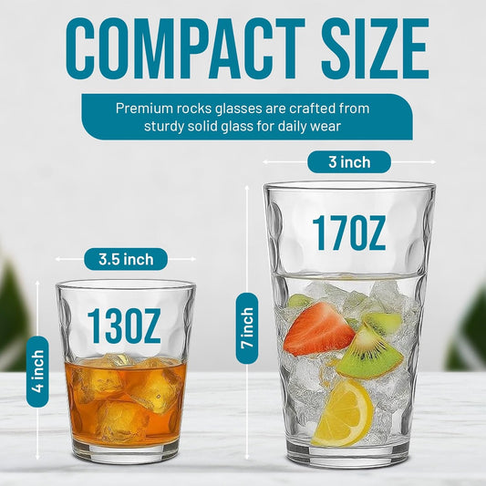 Drinking Glasses Set of 12. Mixed Glassware Set, Everyday Glasses for Cocktail, Beer, Juice Water, 6-13 Oz Rocks Glasses 6-17 oz Tall Kitchen Glass Cups