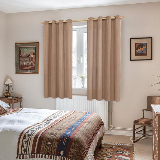 YoungsTex Linen Curtains 63 Inch Length for Living Room, Mocha Semi Sheer Drapes Light Filtering with Bronze Grommet for Bedroom Farmhouse Country, 2 Panels, 52 X 63 Inch