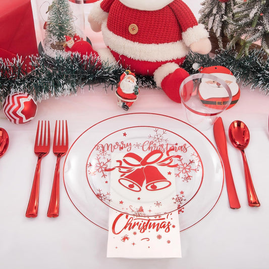 DaYammi 175Pcs Red Plastic Dinnerware Set - Clear Red Plates, Forks, Knives, Spoons, Cups and Napkins for Christmas Party