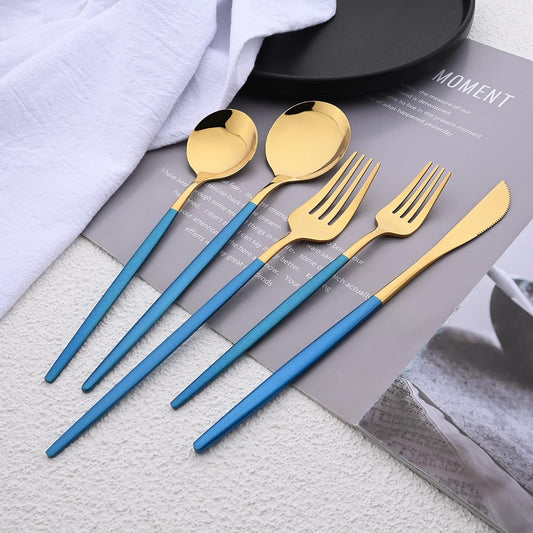 Silverware Set – 20 Piece Family Dinnerware Set – Flatware Set Service For 4 – Blue Gold Tableware Sets – Cutlery Great For Family Gatherings & Daily Use – Spoons, Knives, Forks