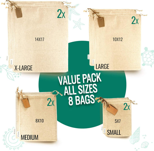 LEAFICO Muslin Cloth Bags with Drawstrings - Set of 8 (S, M, L, XL) - Reusable Natural Cotton Bags for Bulk Food Storage - Canvas Fabric Sachets