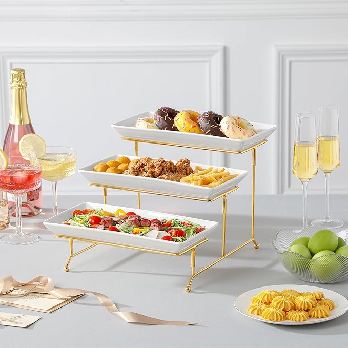 MALACASA 3 Tier Serving Trays for Party, 12 Inch Porcelain White Trays for Serving Food, Dessert Stand with Collapsible Gold Metal Rack