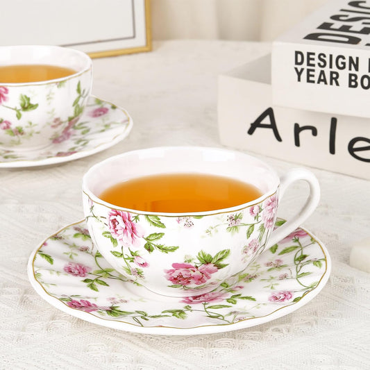 fanquare Bone China Tea Cups Set for 2, Rose Garden Style Porcelain Tea Cups with Saucers and Spoons, 5oz English Coffee Mugs Gift Set