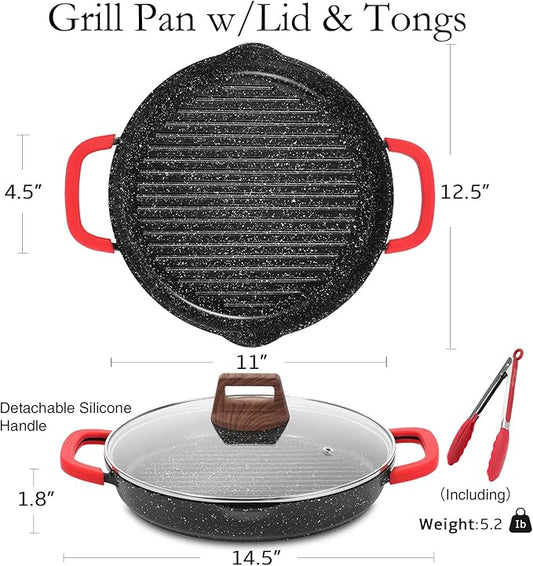 ESLITE LIFE Nonstick Grill Pan for Indoor Cooking, Versatile Induction Square Large Grilling Skillet Steak Pan for Stove Tops, PTFE & PFOA Free (Black, 11" w/Round & Lid & Tongs)