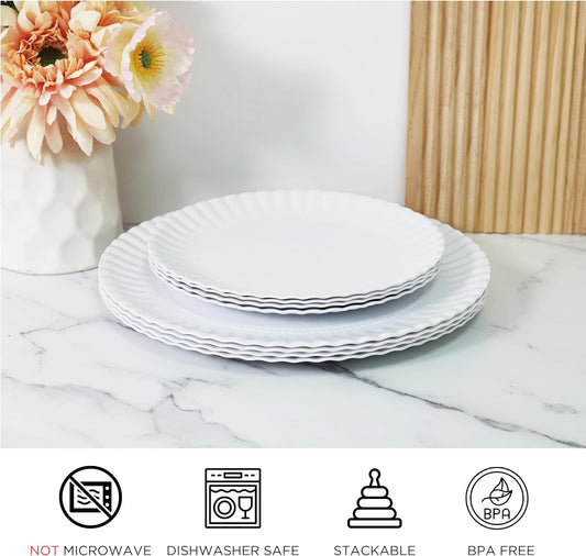 TP 8-Piece Melamine Plates Set, 10.5" & 8" Lightweight Reusable Dinner Plates for Picnic, Party & Outdoor Dining, Unbreakable Dishwasher Safe Tableware, White