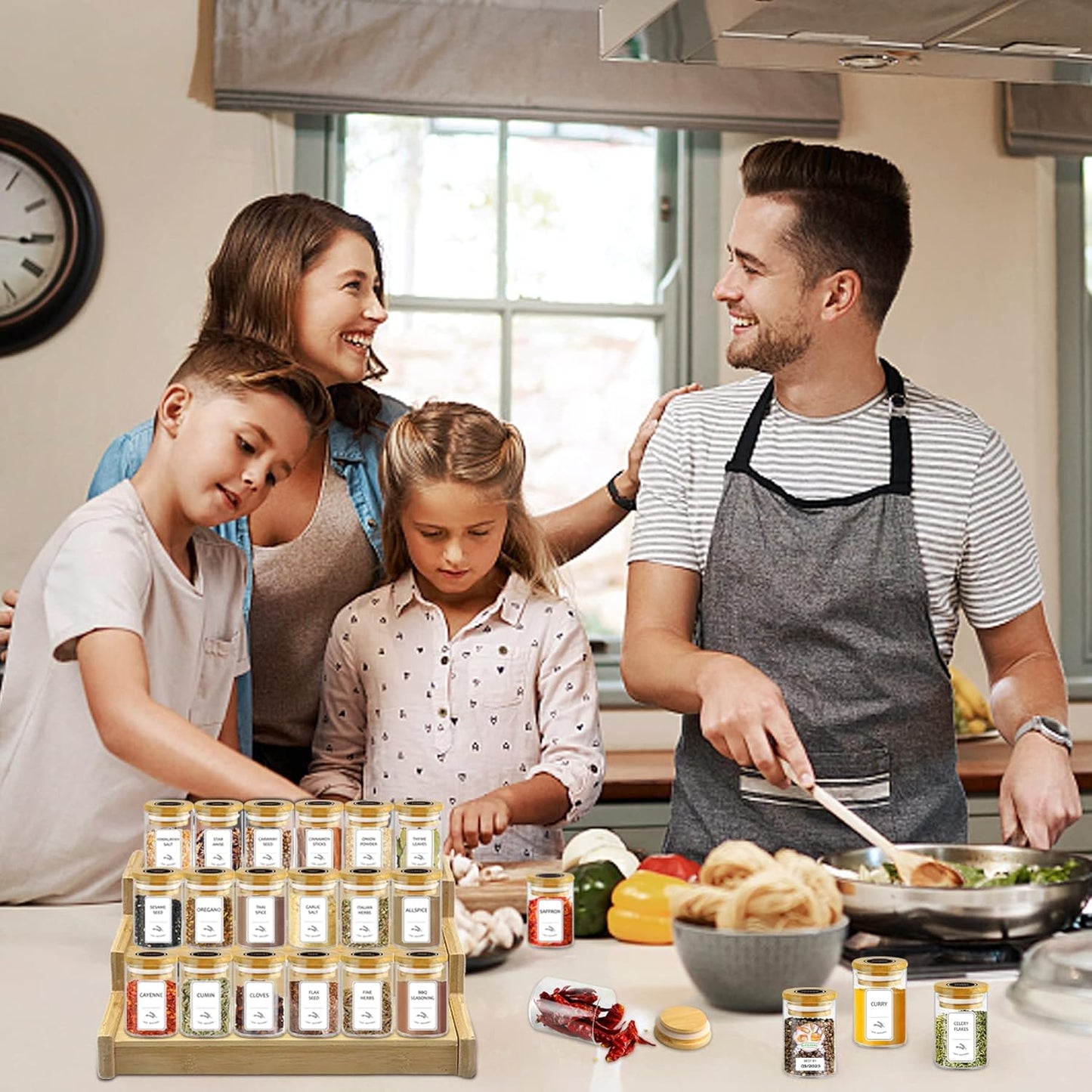 SLifeJars-Spice Jars with Label, 4 oz 24 pcs Spice Containers Glass Jars with Bamboo Lids, Seasoning Containers Bottles, Airtight Empty Glass Jars for Spice Rack,Drawer,Cabinet,Pantry