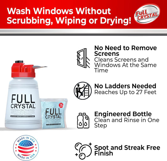 Full Crystal Window Cleaning Kit- 4 oz Glass Cleaner and Bottle with 27ft Reach will clean up to 20 Windows- Scrub Free, Rinse Free Glass Cleaner Spray Removes Dirt, Grime and Water Deposits