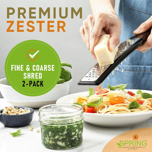 Spring Chef Premium Lemon Zester Grater with Handle - Ginger, Nutmeg, Garlic Grater - Heavy Duty Kitchen Tool - Stainless Steel Citrus Zester with Blade Cover - Fine & Coarse Shred, Set of 2, Black