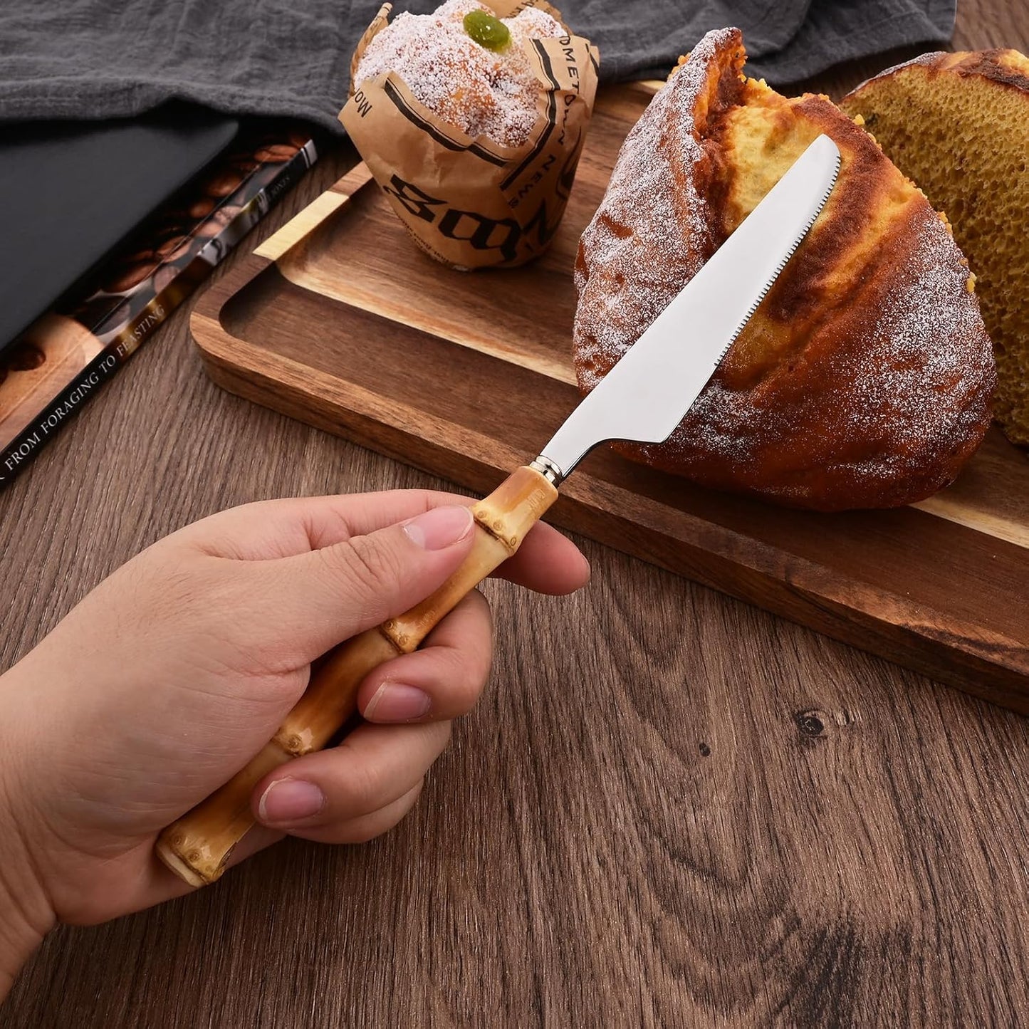 40PCS Silverware Set for 10, Bamboo Handle Flatware Set, Stainless Steel Cutlery Set for Home Restaurant and Party, Bamboo Forks Spoons and Knives Set, Polished Tableware