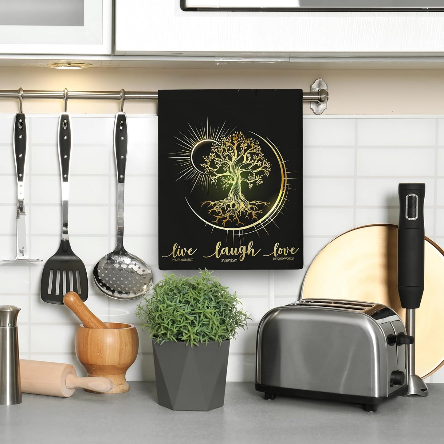 Live Laugh Love Kitchen Towels Decorative Set of 2, Absorbent Tree Life Tea Towels Hand Towels for Kitchen,Hippie Witchy Kitchen Decor Aesthetic,Cute Moon Dish Towels for Kitchen Drying