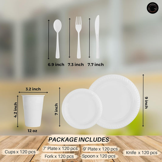 Grandipity 720 Piece White Disposable Dinnerware Set, Plastic Dinnerware Set Includes 120 Count 9' Dinner Plates, 7' Dessert Plates, 12oz Cups, Forks, Knives & Spoons