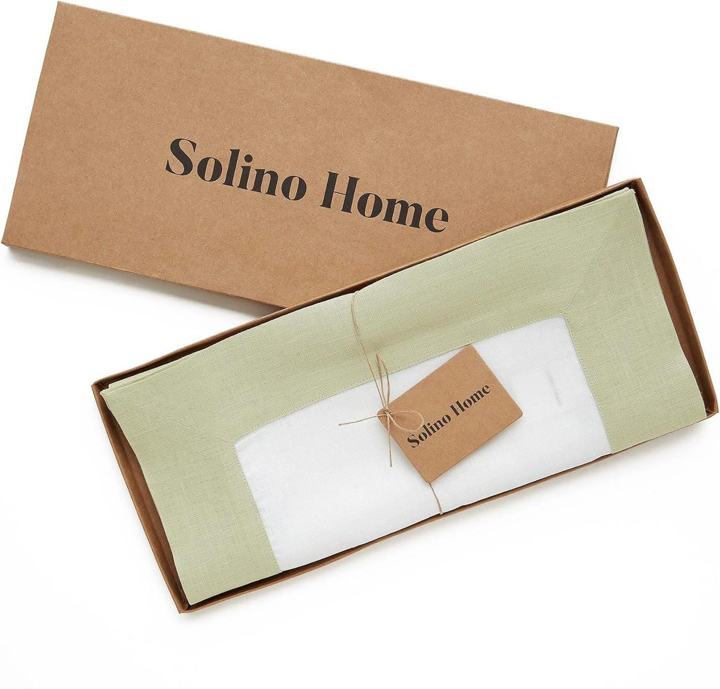 Solino Home Linen Table Runner 60 Inches - 100% Pure Linen Sage Green and White Table Runner 14 x 60 Inch Ideal for Dresser and Coffee Tables - Fall, Autumn, Thanksgiving, Christmas - Contempo