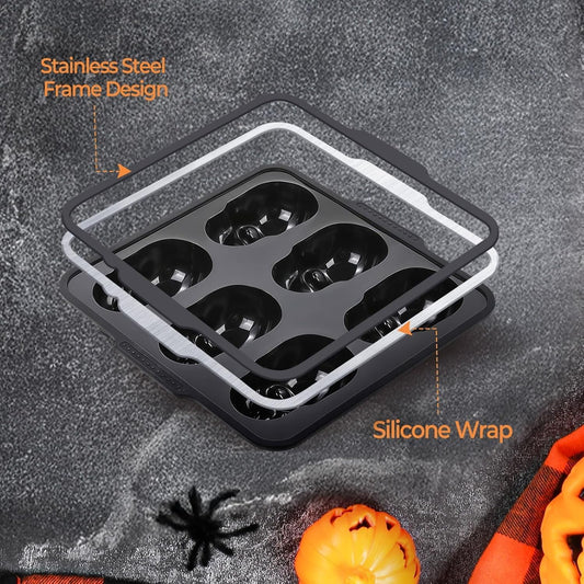 Skull Cake Pan with Metal Reinforced Frame - Spill-Proof & Sturdy 6-Cavity 3D Halloween Silicone Mold, Easy to Handle & Release for Cake, Chocolate, Jello