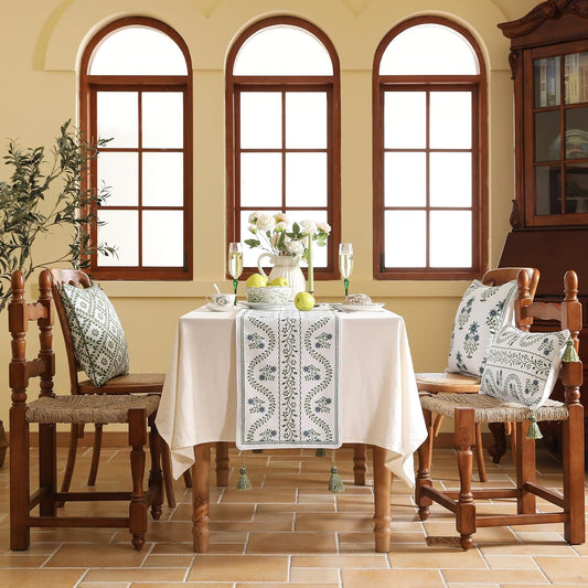 ISAENNE Designer White Elegant Linen Table Runner 102 Inches Long,Chinoiserie Floral Decor Durable Table Runners for Dining Tables,Thanksgiving,Kitchen Tables,Christmas,12"*102"-Mosella D