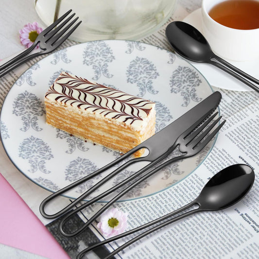 Black Silverware Hollow Flatware Set for 4 Stainless Steel Cutlery 20 Piece Hanging Forks Spoons and Knives Unique Eating Utensils for Home Restaurant Parties