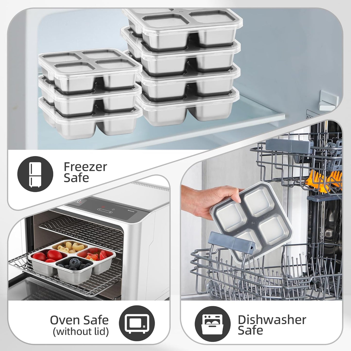 Stainless Steel Divided Plates, Kids Toddlers Babies Tray 4 Divided Compartments Snack Containers Bento Snack Box with Lid Reusable Meal Prep Lunch Box Food Storage Containers for Adults Travel Work