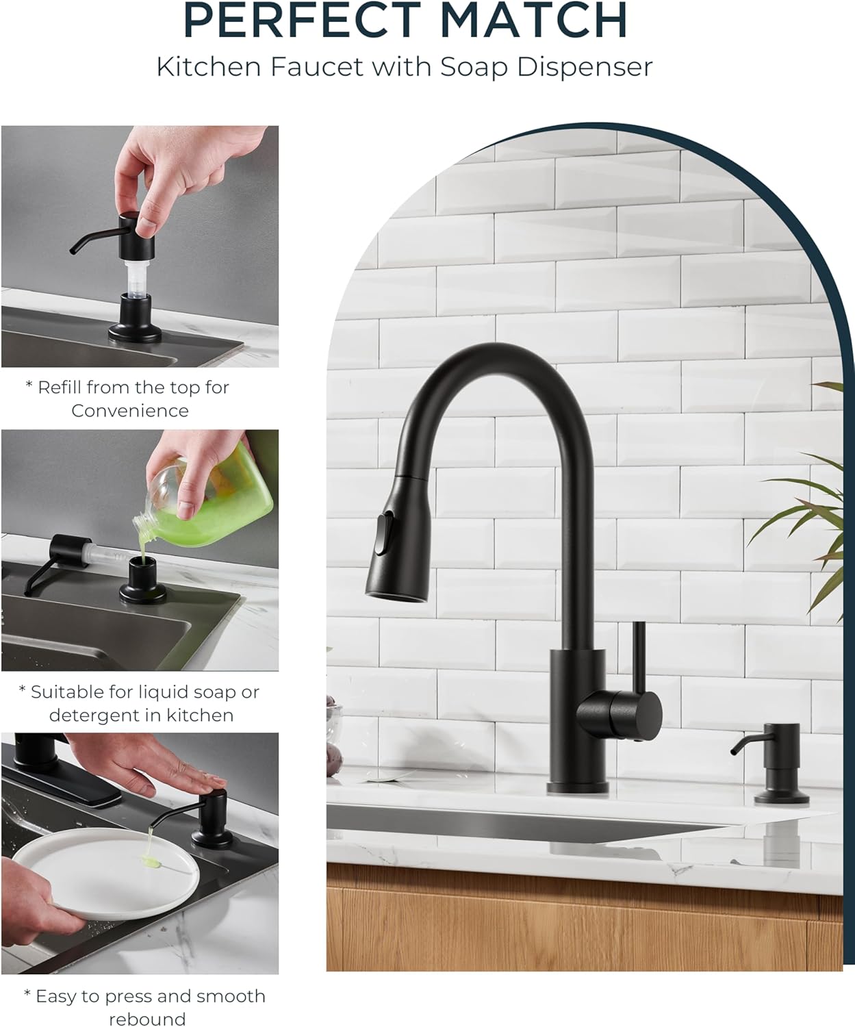 FORIOUS LED Kitchen Faucet with Soap Dispenser and Pull Down Sprayer, Matte Black High Arc Single Handle 3 Modes Stainless Steel Bar Faucet for Kitchen Sink RV Laundry Camper