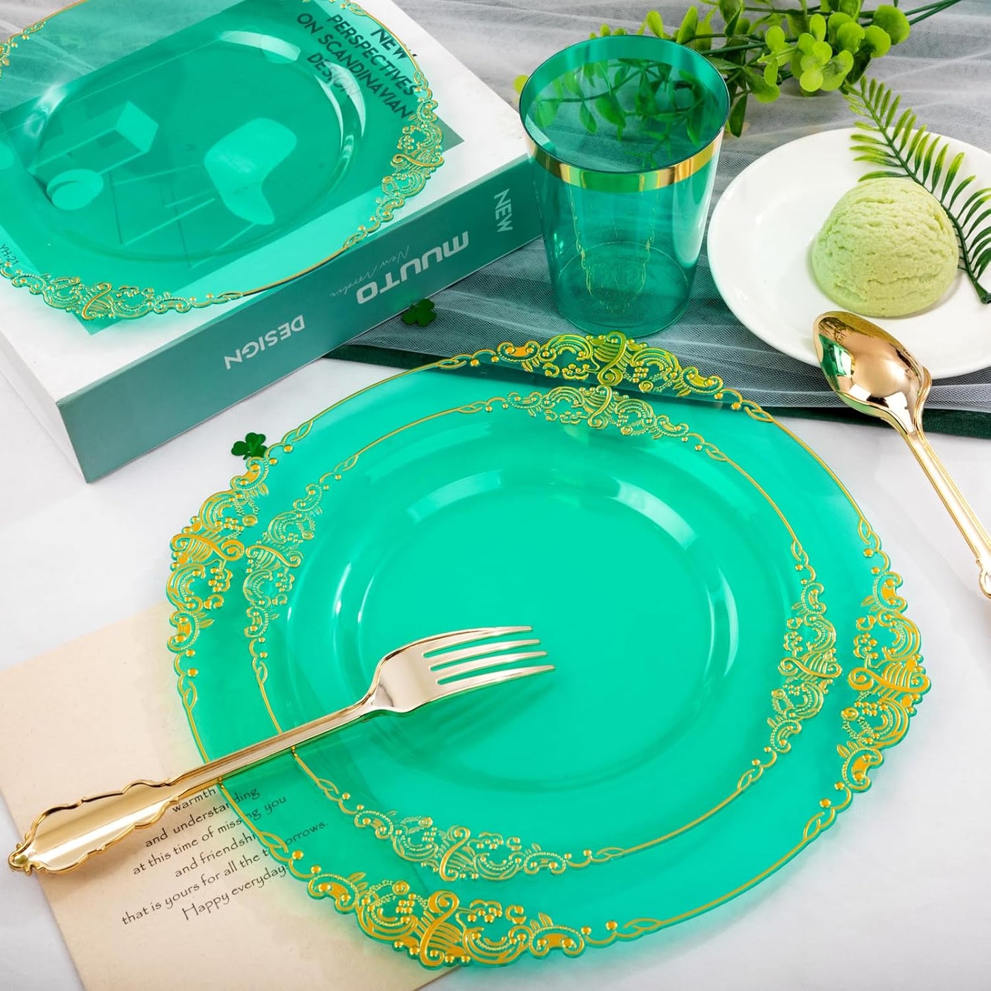Hioasis 350pcs Clear Green Plastic Plates - Elegant Disposable Dinnerware Set Suitable for 50 Guests Include 10.25" Dinner & 7.5" Dessert Plates, Cutlery, Napkins, Cups for Party & Wedding