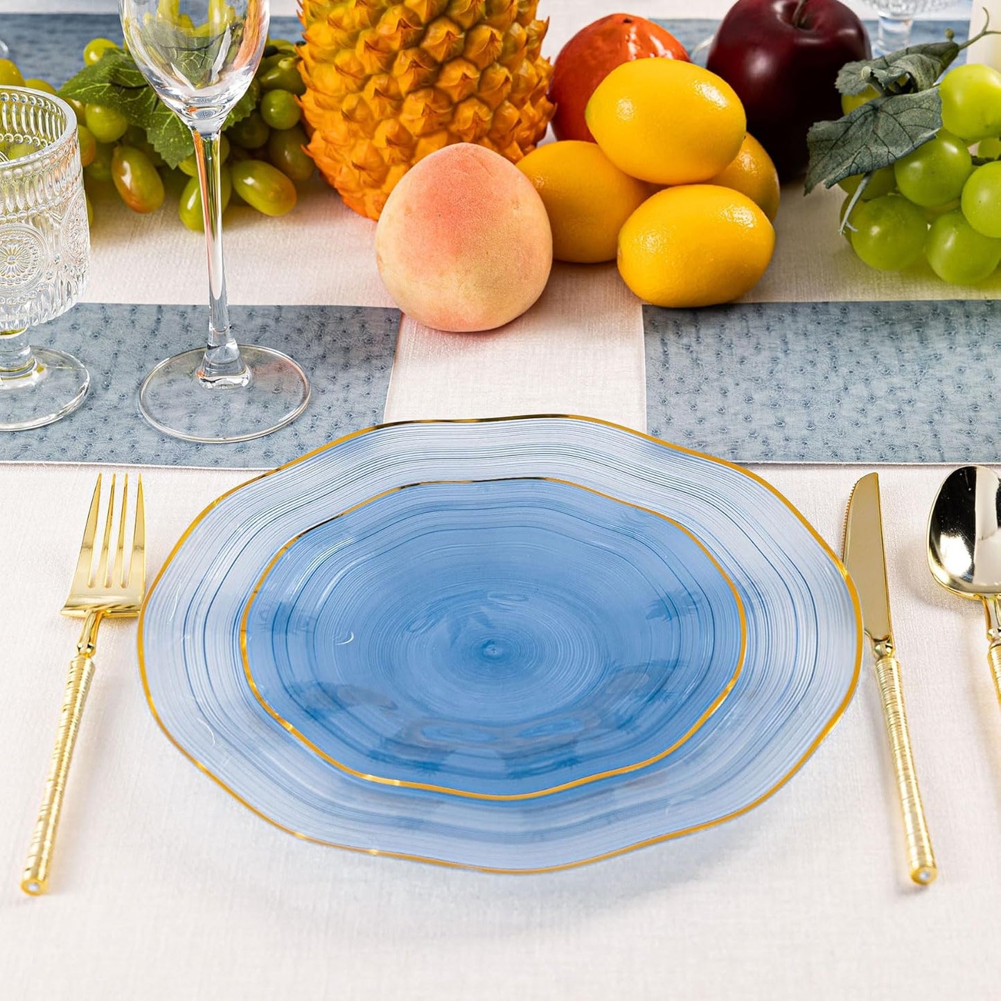 120PCS Blue Plastic Plates with Gold Rim, Heavy Duty Disposable Plates, Elegant and Fancy 60 Dinner and 60 Dessert Plates for Party and Wedding