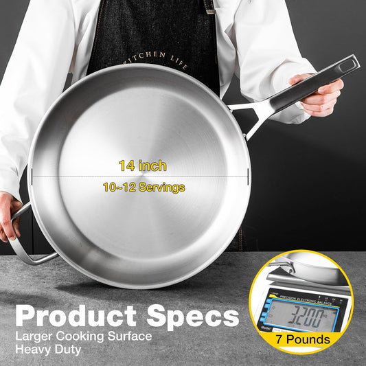 Stainless Steel Pan,14 inch Frying Pan, Heavy Duty, Large Frying Pan, Fast & Even Heating, Up to 650°, Oven & Dishwasher Safe,Compatible with All Cooktops