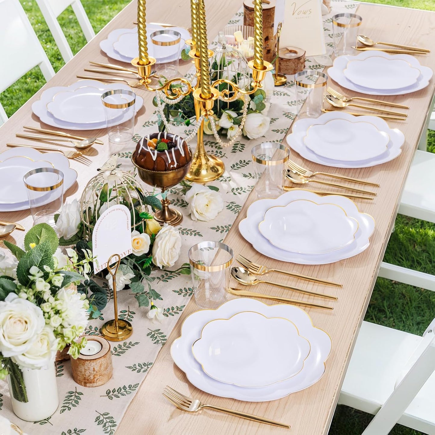 EI 180pcs White Plastic Plates with Gold Plastic Silverware,Heavy-Duty Disposable Plates for Party,White Dinnerware Set for 30 Guest Wedding,Birthday