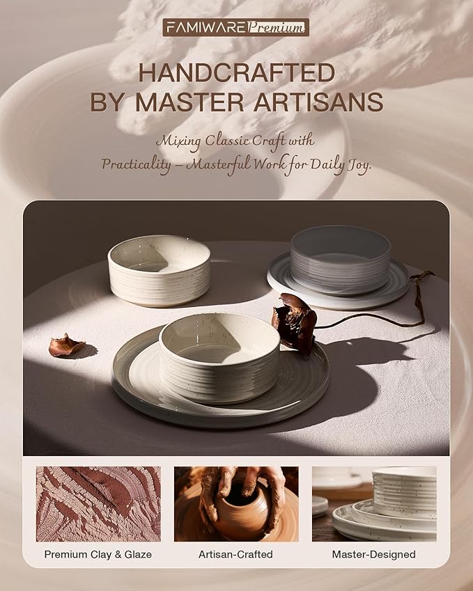 Stoneware Dinnerware Sets, Dish Set for 4, 12 Pieces Spiral Dishware Set with Straight Rim, Speckles & Reactive Glaze - Microwave and Dishwasher Safe Tableware, Shell Beige