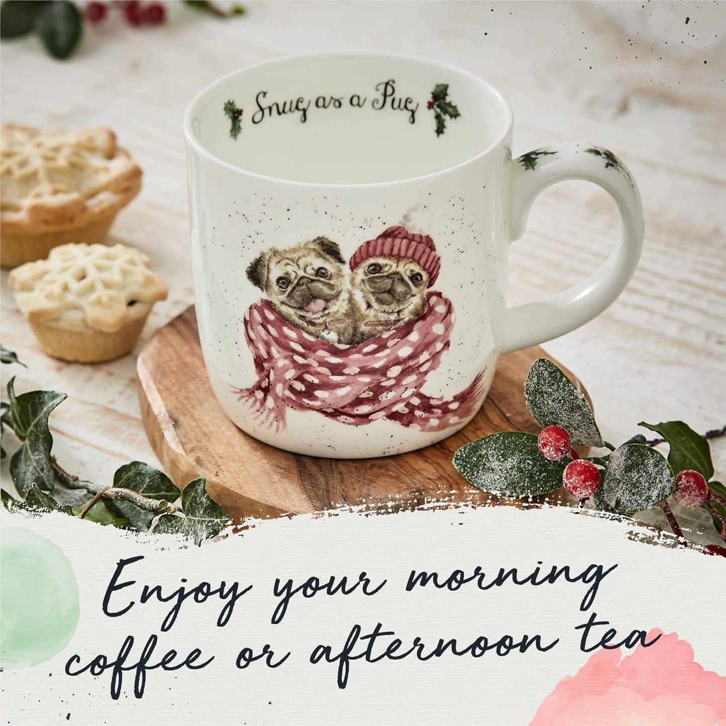 Royal Worcester Wrendale Designs 14 oz Mug, Snug As A Pug with Dog Illustration - Floral Animal Mug for Cottagecore Kitchens - Microwave, Dishwasher, Freezer Safe Fine Bone China Drinkware