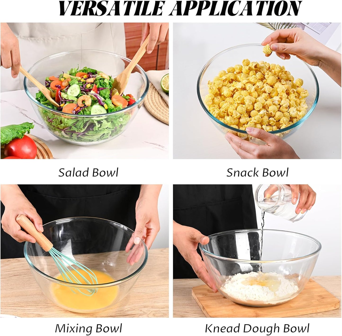 10.6" Glass Salad Bowl with Lid, 4.7 Quart Large Capacity Serving Bowls and Mixing Bowls with Utensils, Versatile Serving Dish for Salads,Fruits,Pasta,Popcorn,Trifle Bowl, Microwave Safe