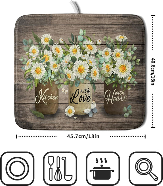 Flower Vase Dish Drying Mats 16x18 Inch Rustic Wood Reversible Microfiber Kitchen Countertop Protector Fast Dry Dish Drainer Rack Pad