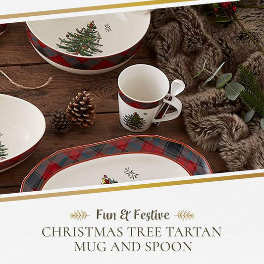 Spode Christmas Tree Mug & Spoon Set, 14 Oz Porcelain Mug for Coffee, Tea, Milk, Hot Cocoa - Festive Gift Box - Dishwasher & Microwave Safe - Holiday Collection Design for Gifting (Tartan)
